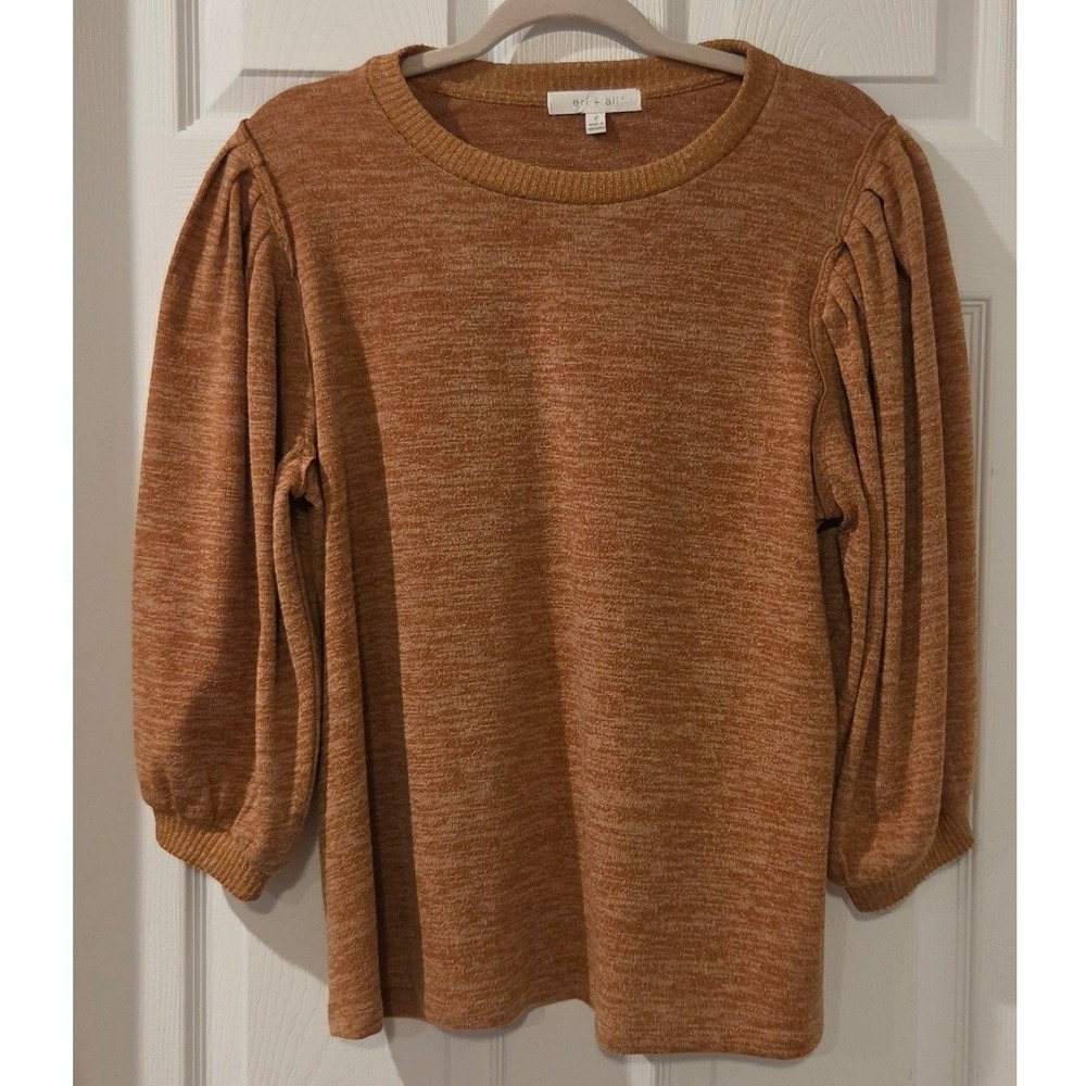 Eri + Ali Anthropologie Puff Sleeve Sweatshirt Women's L Brown Pleated Shoulder